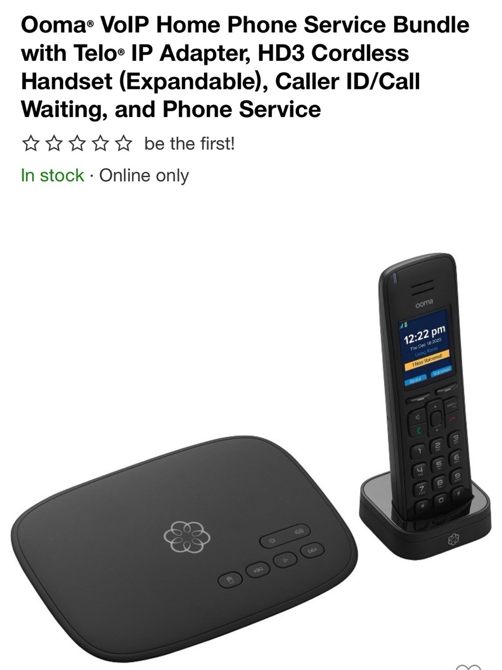 VoIP Home Phone Service Bundle with Black Telo IP Adapter & HD3 Cordless Handset